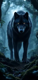 Mystical wolf standing in an enchanted forest with blue shadows.