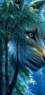 A mystical wolf peering through forest foliage.