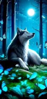 Mystical wolf with butterflies in a moonlit forest.