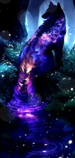 Mystical wolf in an enchanted forest with luminous colors.