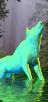 Ethereal wolf in vibrant forest with serene green water.