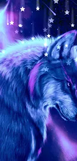 Vibrant wolf with neon galactic background.