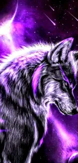 Mystical purple wolf in a galaxy setting, ideal for mobile wallpaper.