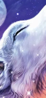 Mystical white wolf howling under a full moon with a purple sky.