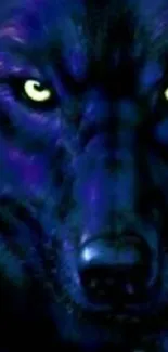 Mystical dark blue wolf with yellow eyes in moonlit setting.