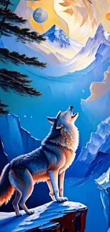 Mystical wolf howling at the moon over mountains.