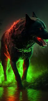 Mystical wolf with neon glow in dark forest.