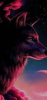 Mystical wolf with neon colors set against a cosmic sky, featuring a crescent moon.