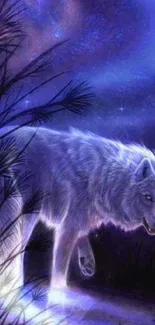 Mystical white wolf under a starry blue night sky.