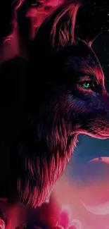 Mystical wolf against a pink cloud background with a dark serene sky.