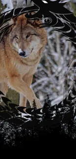 A mystical wolf in a snowy forest background with fantasy theme.