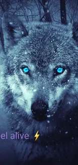 A mystical wolf with glowing blue eyes in a snowy forest, captivating and wild.