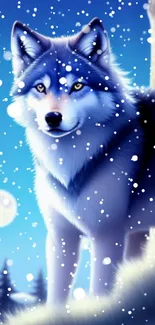 Mystical wolf in a snowy, moonlit landscape wallpaper.