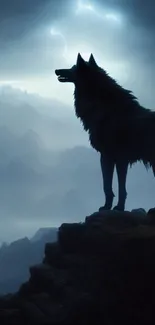 Silhouette of a wolf on a cliff with misty mountains and lightning.