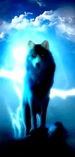 Mystical wolf with blue lightning in a storm.