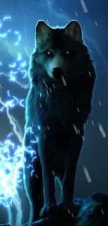 Mystical wolf with lightning in dark sky wallpaper.