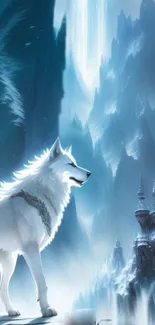 White wolf in icy mountain landscape mobile wallpaper.