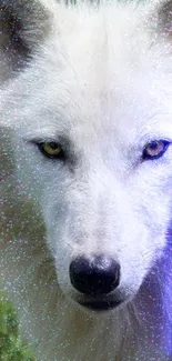 Mystical white wolf with sparkling effects on phone wallpaper.