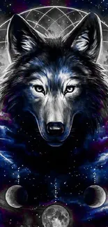 Mystical wolf with cosmic and lunar art elements in a mobile wallpaper.