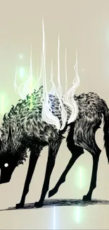 Abstract wolf with white flames on beige background.