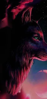 Mystical wolf portrait with cosmic night sky in vibrant colors.