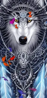 Mystical wolf with dreamcatcher and butterflies mobile wallpaper.