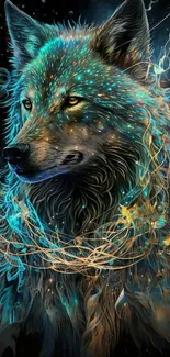 Mystical wolf with ethereal blue and gold accents on a mobile wallpaper.