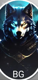 Mystical wolf illustration with blue and black tones.