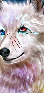 Mystical wolf with vibrant eyes and colorful fur in a fantasy art mobile wallpaper.