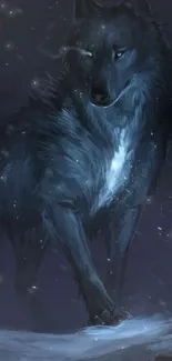 Mystical wolf standing in a snowy night scene, exuding mystery.