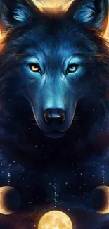 Vibrant blue wolf with celestial moons in a mystical mobile wallpaper.