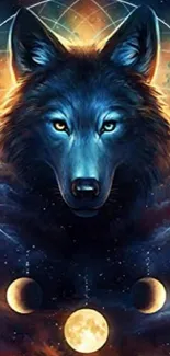 Mystical wolf with moon phases in a celestial night sky.