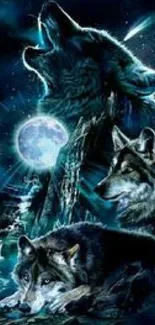 Majestic wolves under a full moon, creating a mystical night scene.