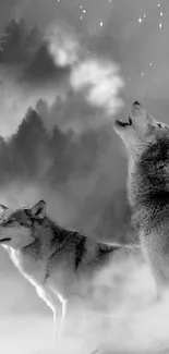 Wolves howl at the moon in a mystical black and white forest scene.