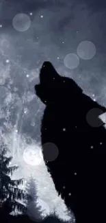 Silhouette of a wolf howling at a full moon in a dark forest.