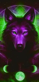 Mystical neon wolf with moon phases.