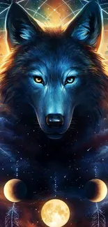 Enchanted mystical wolf with lunar phases in cosmic scene.