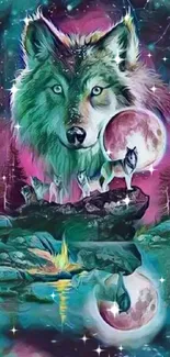 Mystical wolf with moonlit backdrop in vibrant colors.