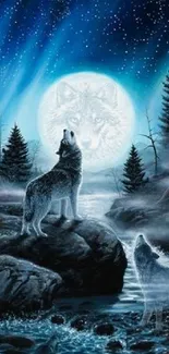 Mystical wolf howling at moon under starry night sky.