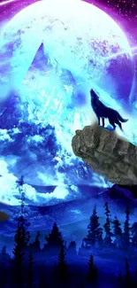 Silhouette of a wolf howling at the mystical blue moon over a mountain.