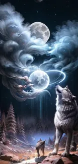 Wolves howl beneath a mystical, moonlit sky in a forest setting.