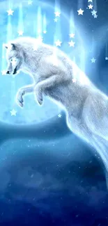 Mystical wolf leaps under the moon in a blue-themed night sky wallpaper.