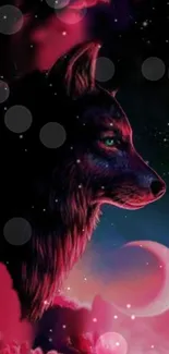 Mystical wolf and moon in cosmic night sky wallpaper.