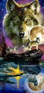 Mystical wolf and moon with celestial night sky.