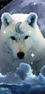 Mystical white wolf against a glowing full moon with clouds in a night sky.