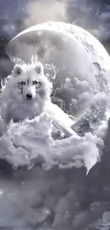 White wolf resting on clouds beneath a glowing moon in a mystical night sky.