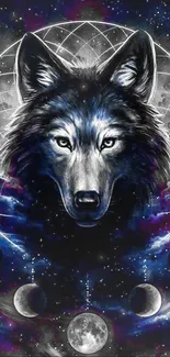 Mystical wolf with moon phases in a celestial night sky design.