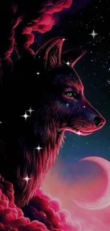 Mystical wolf silhouette with pink moon under starry sky.