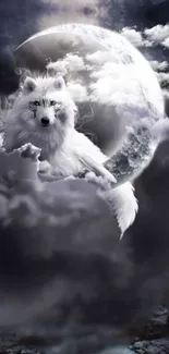 White wolf with moonlit clouds on wallpaper.