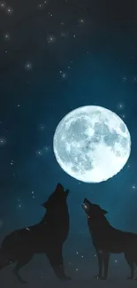 Two wolves howling at a full moon against a starry sky.